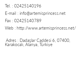 Artemis Princess Otel iletiim bilgileri